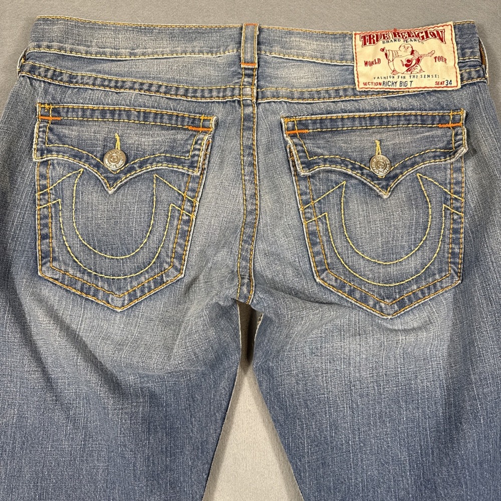 True Religion Ricky Big T WITH FLAP Jeans 38 WIDE LEG WHIKERING THICKE STITCH